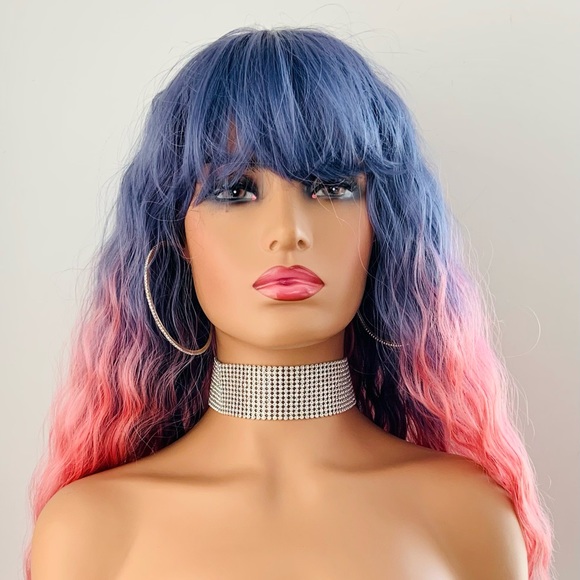 A Very Pretty Purple & Pink Long Wavy Synthetic Wig with Bangs - Picture 10 of 13